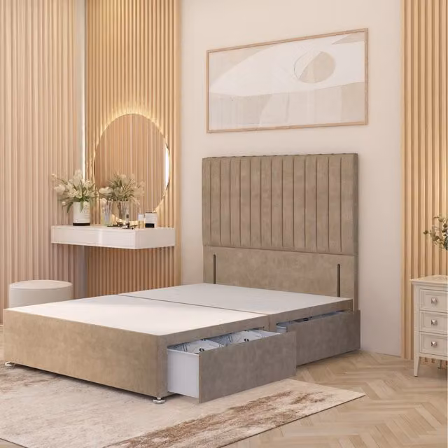 Somnior Beds Ltd Verona Divan Bed Base with Drawers and Upholstered Velvet Headboard, Beige, W: 120 cm, D: 200 cm