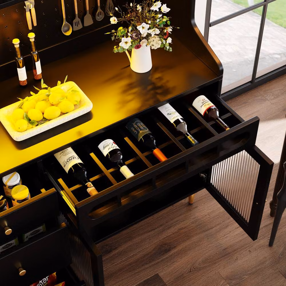 Rolipo Black Matt Highboard Storage Cabinet with Glass Sliding Doors, Integrated LED Lights and Wine Rack – 4