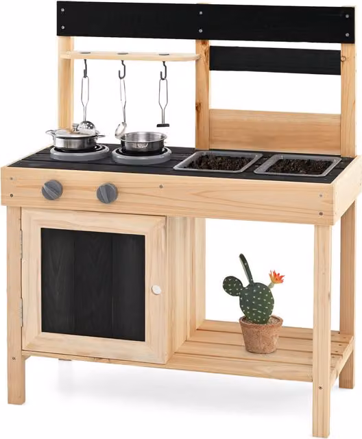 COSTWAY Kids Mud Play Kitchen with Dual Sinks in Brown and Multicolour Wood