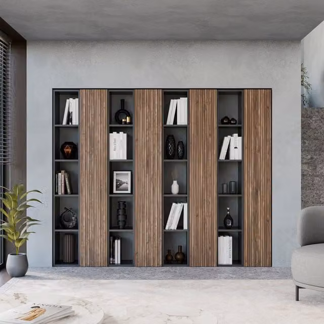 Decorotika Oslo Wall System with Alina Pattern Doors and Open Shelving in Brown