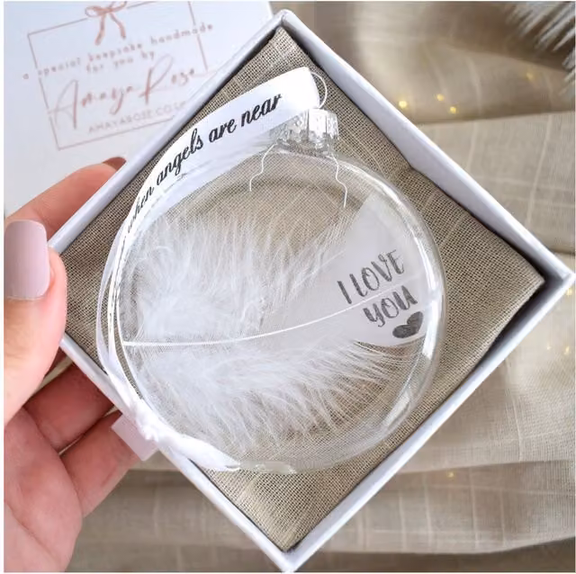 Amaya Rose Ltd In Memory of I Love You Round Glass Bauble with Feather, Clear and White