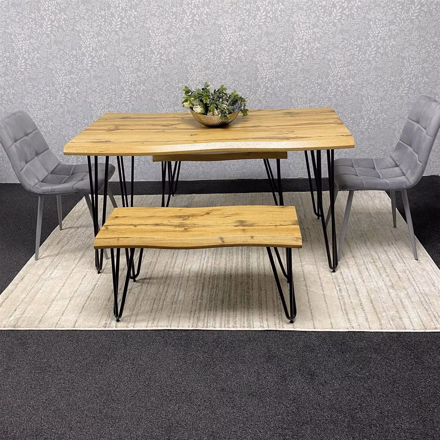 Kosy Koala Modern Dining Table Set with 2 Benches and 2 Grey Velvet Chairs in Brown – 3