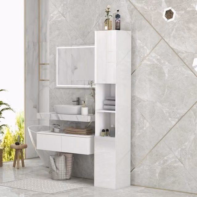 Kleankin Modern High Gloss White Freestanding Bathroom Floor Cabinet with Hinged Doors and Internal Shelves