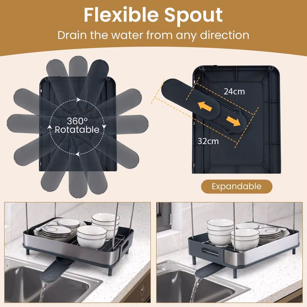 Costway 2-Tier Stainless Steel Dish Drying Rack with Cutlery Holder and Drip Tray in Silver and Multicolour – 3