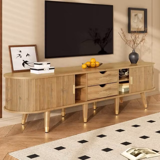 Merax Fluted Oval TV Unit in Beige Oak with Sliding Doors and Drawers, W: 175 cm, D: 38 cm, H: 45 cm