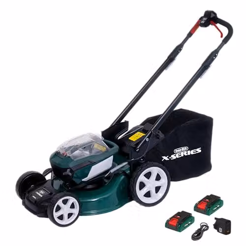 Webb 40V Brushless Self-Propelled Lawnmower in Green with 2 x 4Ah Rechargeable Batteries, Charger, Collection Bag and Mulching Kit, Cutting Width: 47 cm