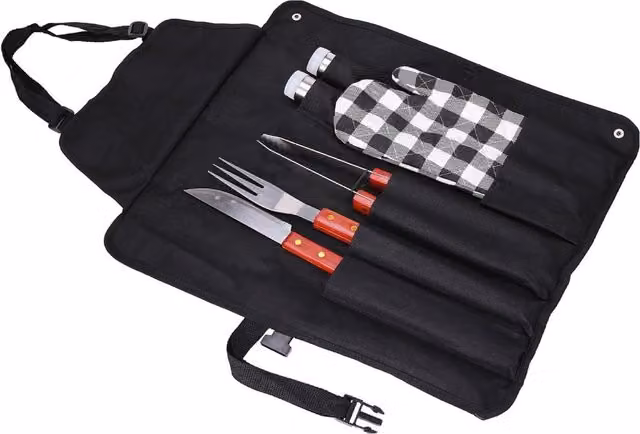 Prima 7-Piece Black BBQ Tool Set with Wood and Stainless Steel Handles
