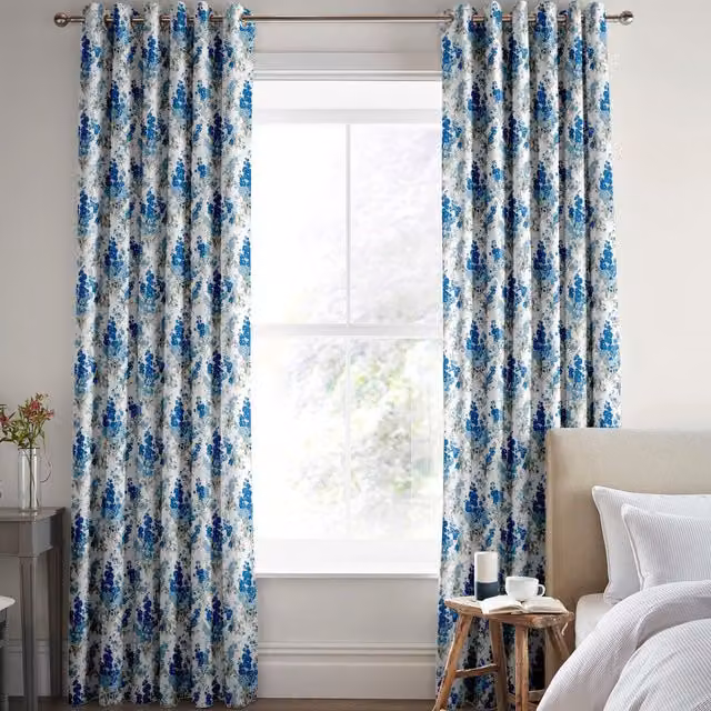 Laura Ashley Made to Measure Blue Sky Floral Blackout Eyelet Curtains in Cotton