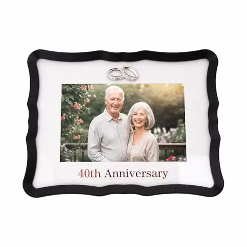 Happy Homewares Modern 40th Ruby Anniversary Landscape 10x15 cm Picture Frame in Matte Black Metal with Red Text and Silver Rings
