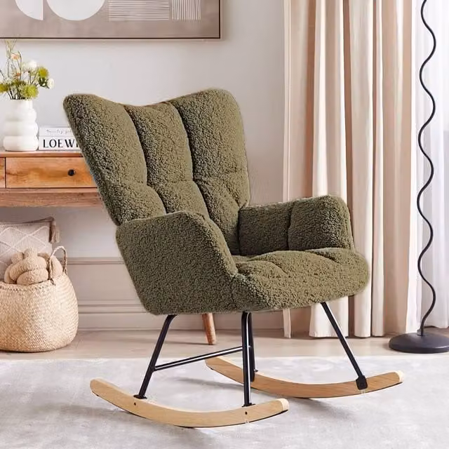 Wyld and Coco Green Bouclé Rocking Armchair with Rubberwood Legs – 1