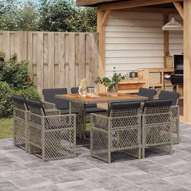 Berkfield Home 9 Piece Grey Poly Rattan Garden Dining Set with Cushions – 1