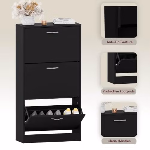 Vida Designs Modern Black Wooden Shoe Cabinet with 3 Tilting Compartments, H 118 x W 60 x D 24 cm – 3