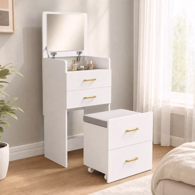 STILVORA Modern White Dressing Table with Glass Top and Stool
