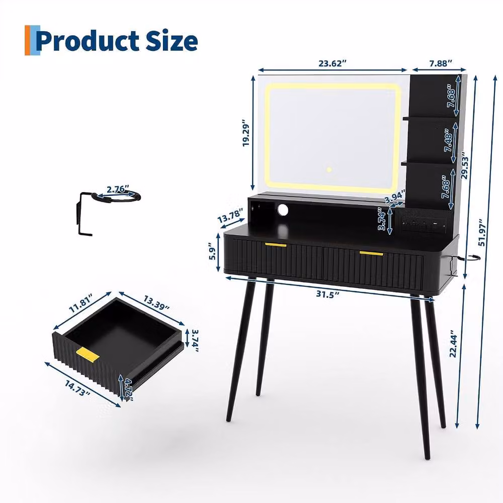 London Boutique Modern Makeup Vanity Desk with LED Mirror and Power Outlet in Black and Gold – 6