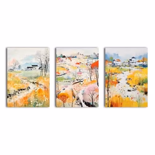 Simpa 3 Panel Village of Flowers Multicolour Canvas Wall Art, Framed and Stretched Floral Botanical Painting for Home Decor, W/H: 120 x 60 cm – 1
