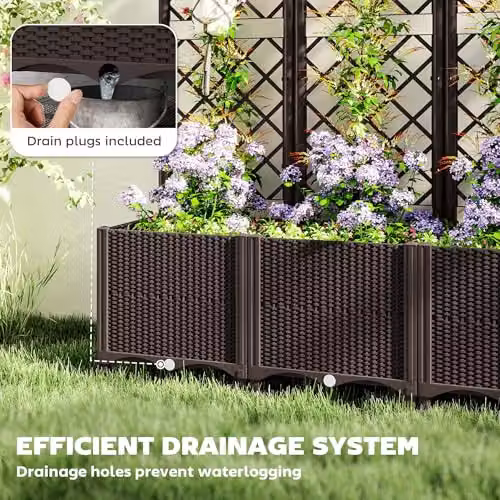 Outsunny Raised Garden Bed with Trellis in Brown Plastic WPC for Vegetable and Herb Gardens, W/D/H: 140 x 40 x 40 cm – 3