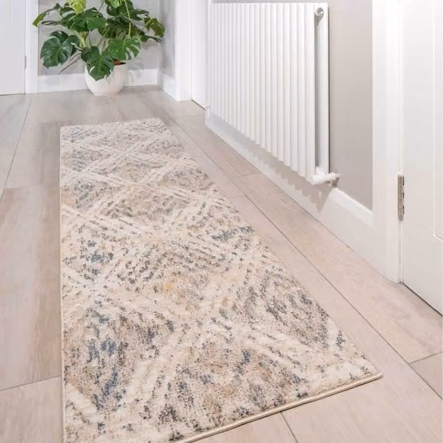 The Rug House Beige and Blue Distressed Diamond Geometric Boho Living Area Rug, W: 240 cm, D: 60 cm