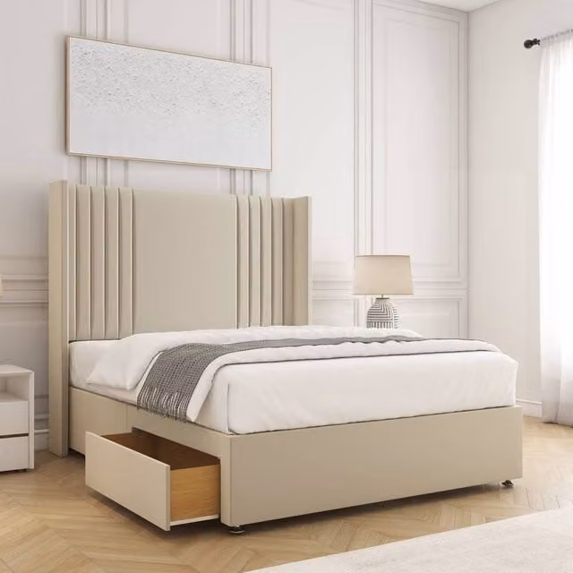 BSSPOKE Cheshire Double Divan Bed with 2 Drawers and Plush Velvet Headboard in Beige, W/D/H: 140 x 200 x 30.48 cm