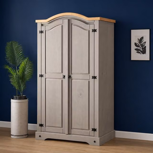 Mews Grey 2 Door Wardrobe in Rustic Waxed Pine