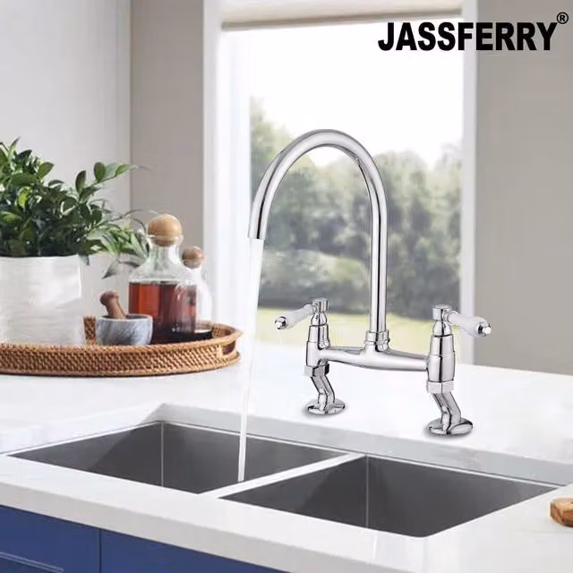 JASSFERRY Traditional Two-Handle Bridge Kitchen Mixer Tap with White Ceramic Levers in Chrome and Silver