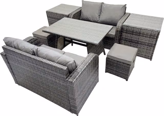 Fimous 6 Seater Rattan Dining Set with Oblong Table and 2 Side Tables in Dark Grey – 1