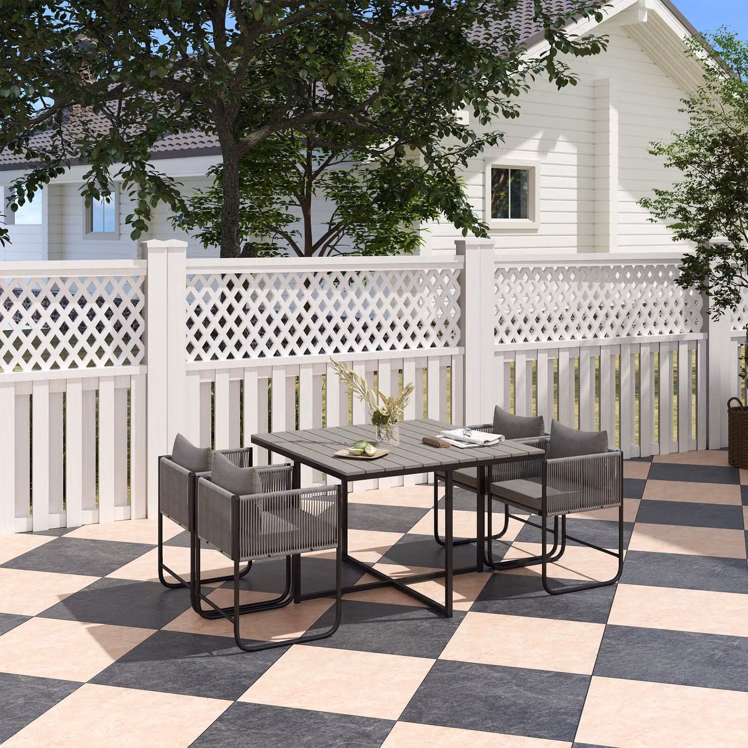 Outsunny 4 Seater Rattan Cube Garden Furniture Set with Cushions and Wood Grain Plastic Top Table in Grey – 2