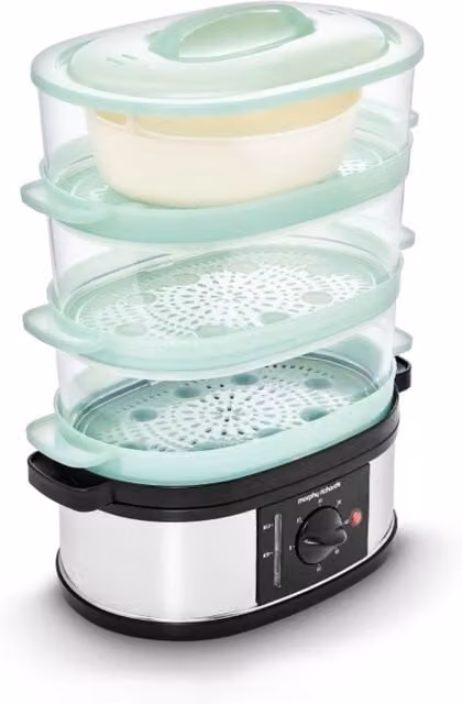Morphy Richards 3 Tier Food Steamer, 9L, Black and Silver Stainless Steel with Timer