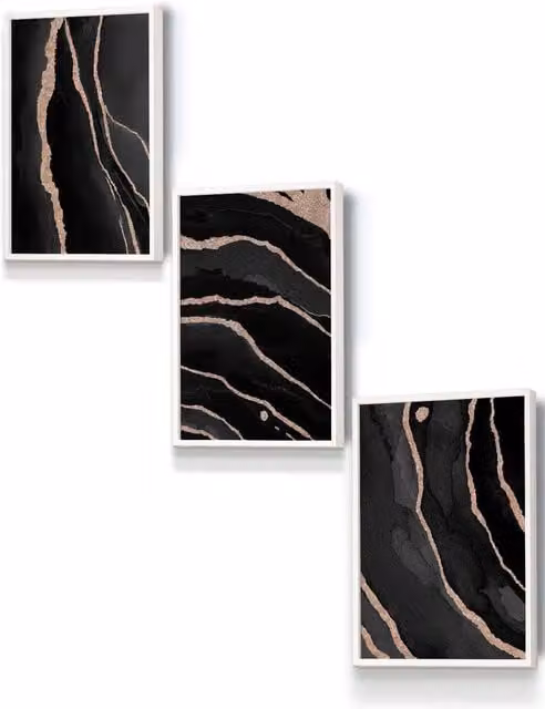 ARTZE Abstract Black Grey and Gold Strokes Framed Wall Art in White, W: 33 cm, H: 45 cm, D: 0.2 cm