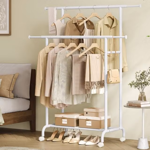 SONGMICS Extendable Double Clothes Rail on Wheels, White