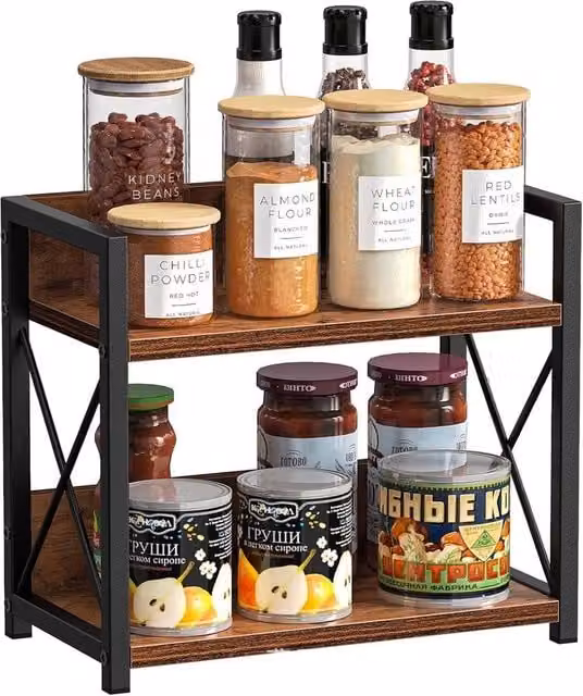 SPETLEK 2 Tier Rustic Wooden Spice Rack and Coffee Station Organiser in Brown – 1