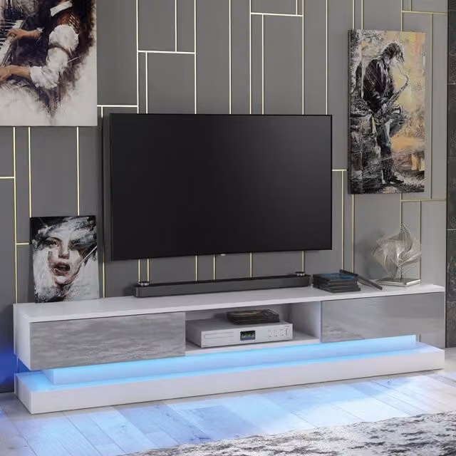 Mex Furniture LTD Modern Glossy TV Unit with LED Lighting in Light Grey, W: 180 cm, H: 36 cm, D: 35 cm