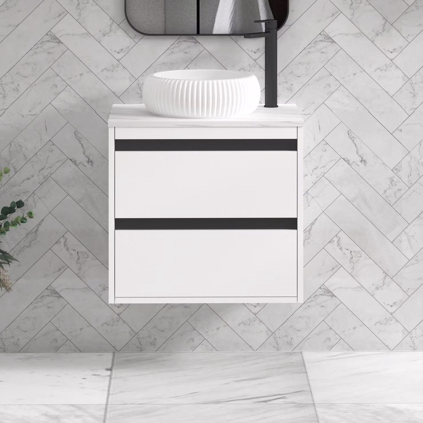 Royal Bathrooms Orion 600mm Matt White Wall Hung 2 Drawer Vanity Unit with Milan Basin and Black Accent Trim