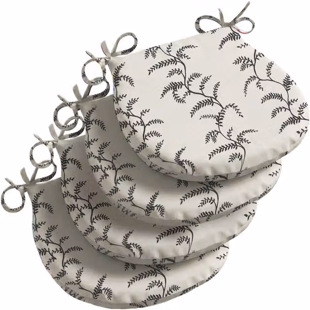 Livinluxury Linen Fern Semicircular Outdoor Seat Pad in Grey and White, Pack of 4