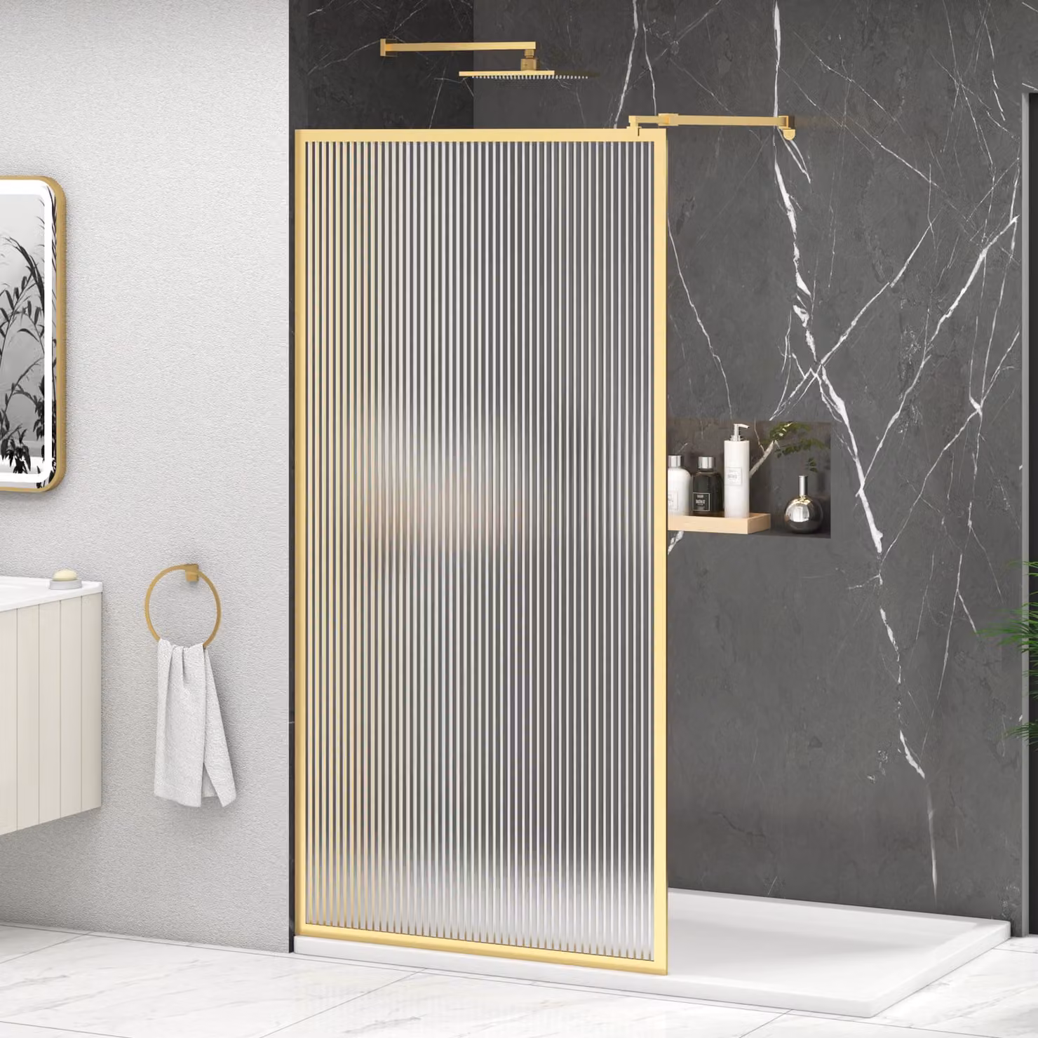 Luxor Walk-In Wet Room Fluted Shower Screen with Brushed Brass Frame, 8mm Easy Clean Glass, W: 76 cm, H: 195 cm
