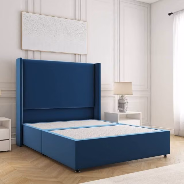 BSSPOKE Austin Super King Divan Bed with 54 inch Headboard in Blue Plush Velvet
