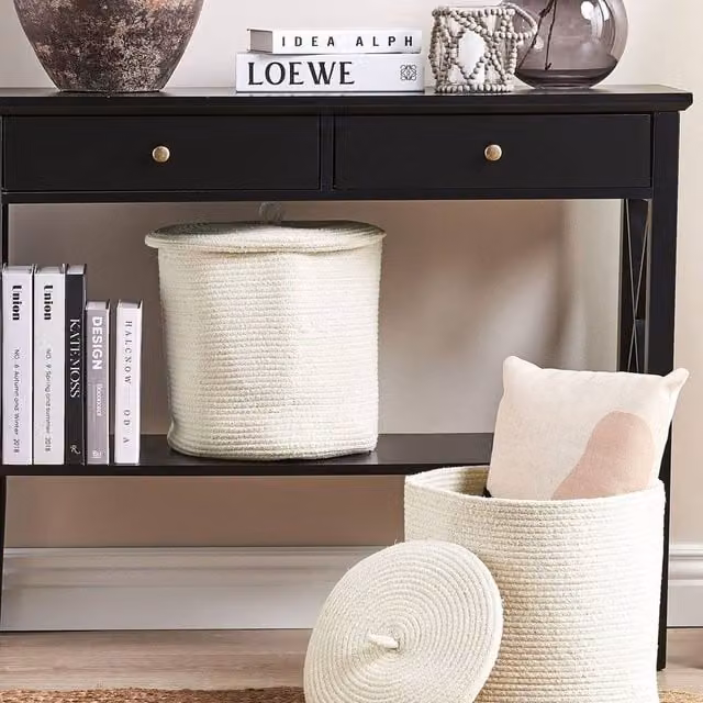 Wyld and Coco Set of 2 White Striped Cotton Storage Baskets with Lids – 1