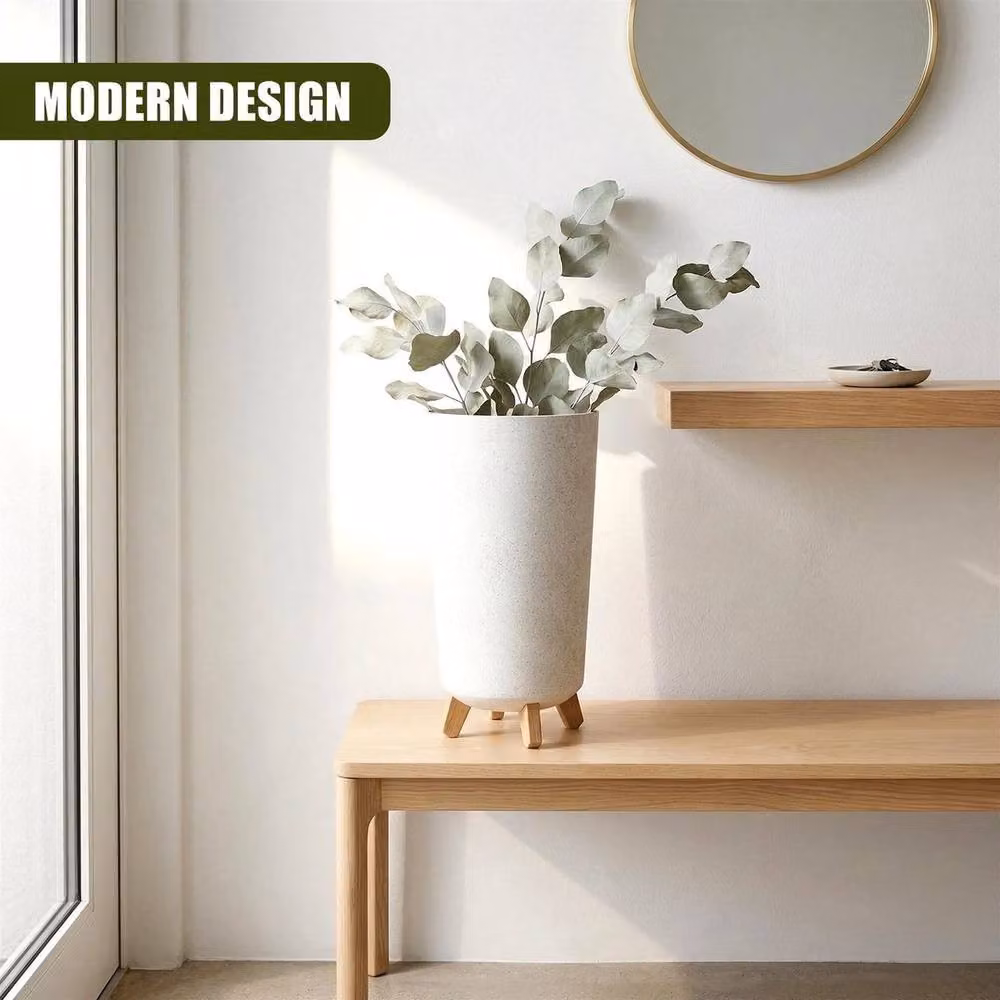 KORVIXA Tall Round Plant Pot with Wood Legs in White – 3