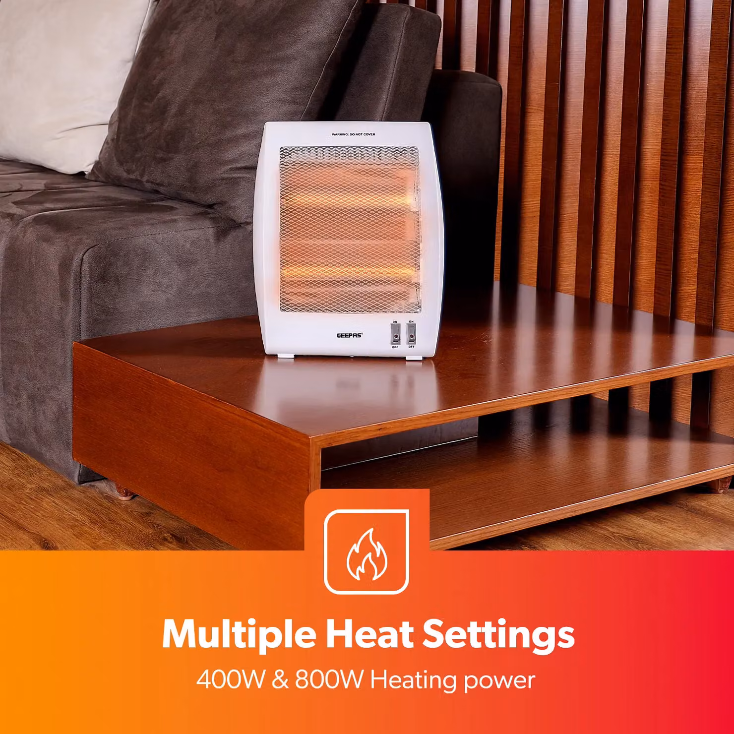 Geepas Quartz Halogen Electric Heater in White with 2 Heat Settings and Overheat Protection – 3