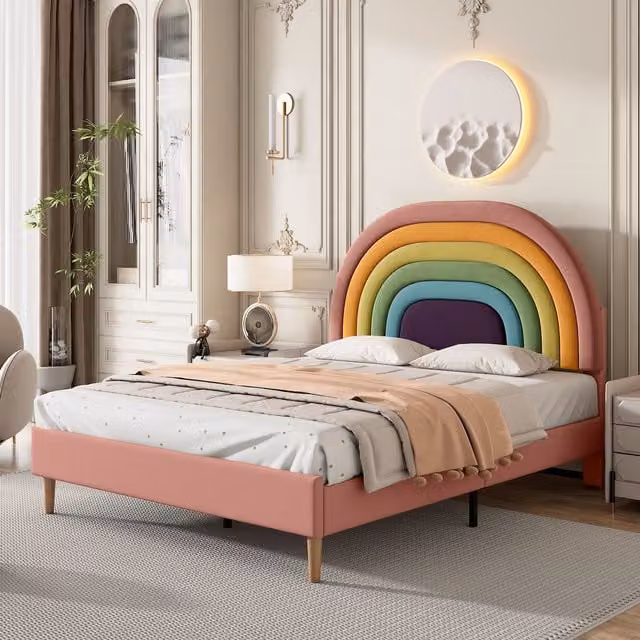 HomeTouch Alara Velvet Double Bed Frame with Rainbow Headboard in Pink and Multicolour, W: 139 cm x D: 190 cm x H: 32 cm
