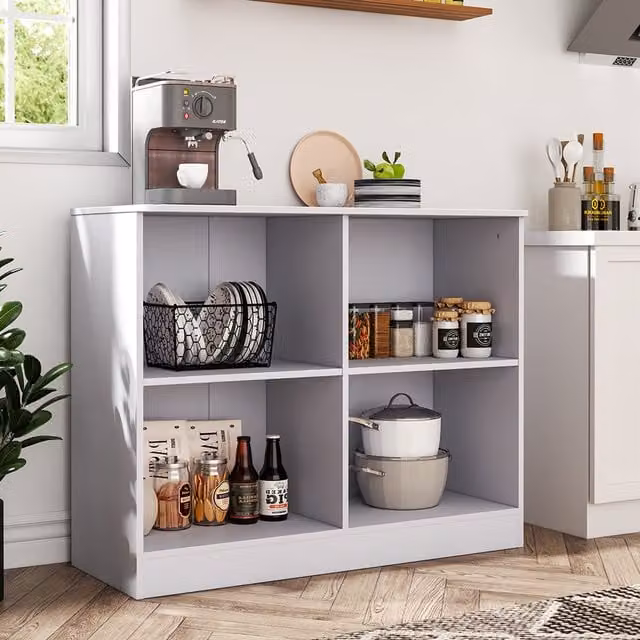 Livingandhome Minimalist White Wooden Open Kitchen and Living Room Display Cabinet