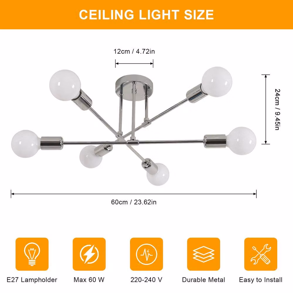 Pheashine Chrome 6-Light Sputnik Modern Flush Mount Ceiling Light in Silver – 2