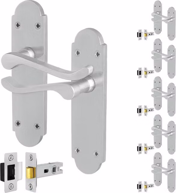AFIT Satin Chrome Door Handles with Latch, 6 Pairs of Silver Backplate Handles