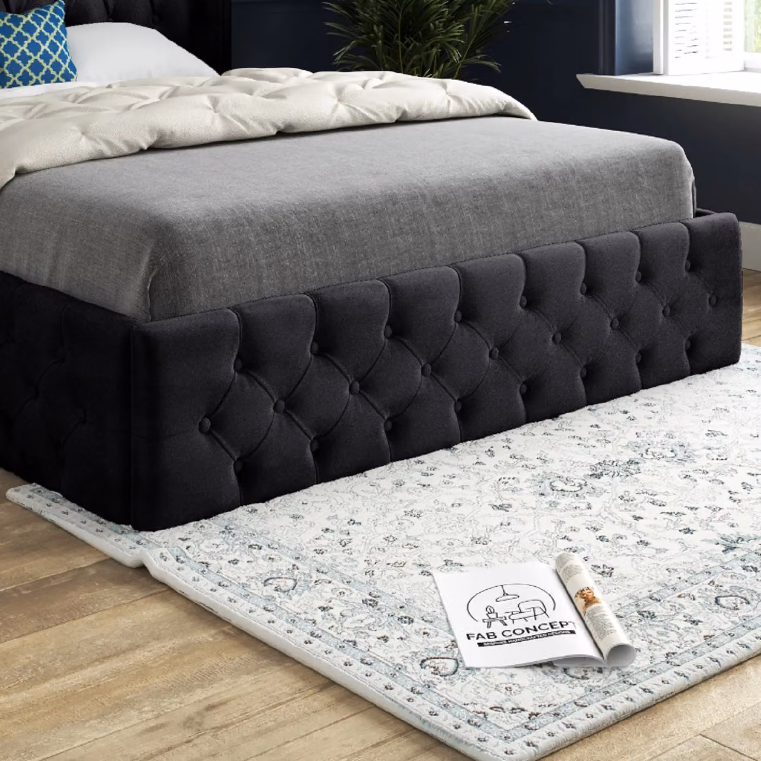 KDMD Turin Single Upholstered Soft Velvet Bed Frame in Black, W/D/H: 90 x 200 cm – 3