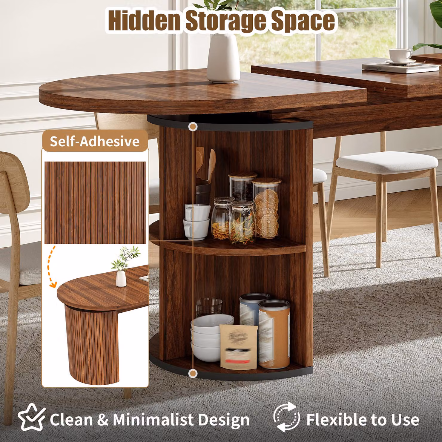 Aosom UK Extendable Walnut Dining Table with Vertically Grooved Legs and Storage Compartment, W: 80 cm, D: 160 cm, H: 76 cm – 5