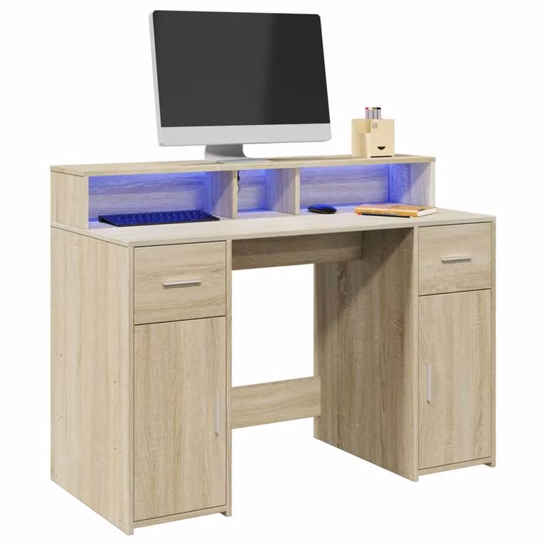 Berkfield Home Soft Gaming Desk with LED Lights in Sonoma Oak and Light Brown, W/D/H: 120 x 55 x 91 cm