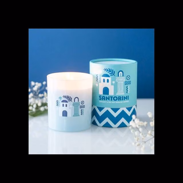 KDMD Santorini Coconut & Sea Salt Scented Candle in Blue Glass