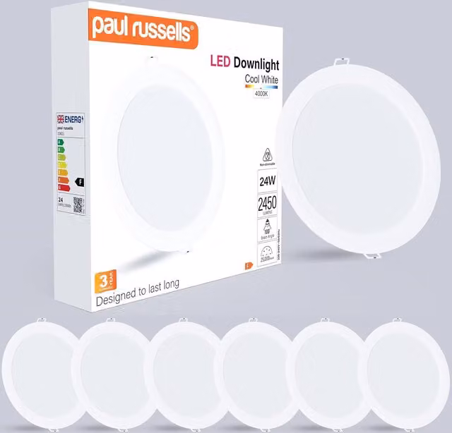 Paul Russells 24W Round Recessed LED Downlight, 2450lm, 4000K Cool White, IP20, White