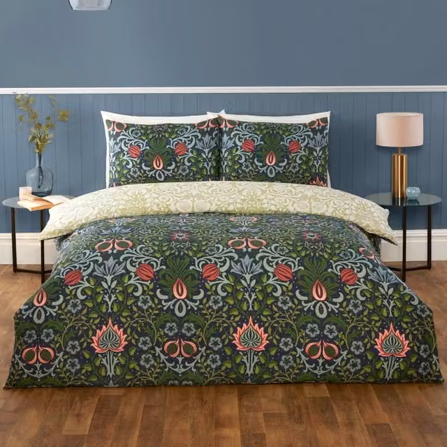 Rapport Home Heritage Flora Reversible Microfibre Duvet Cover and Pillowcase Set in Yellow and Green, W: 140 cm, L: 200 cm