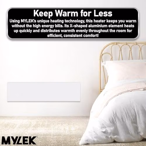 MYLEK 1000W White Slimline Wall Mounted Convector Panel Heater with Thermostat, Frost Protection and Overheat Protection, W: 97 cm, H: 25.5 cm, D: 5.5 cm – 6