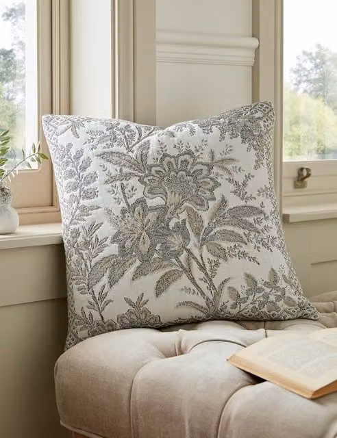 Laura Ashley Marlbrook Floral Jacquard Cotton Cushion in Grey Mix